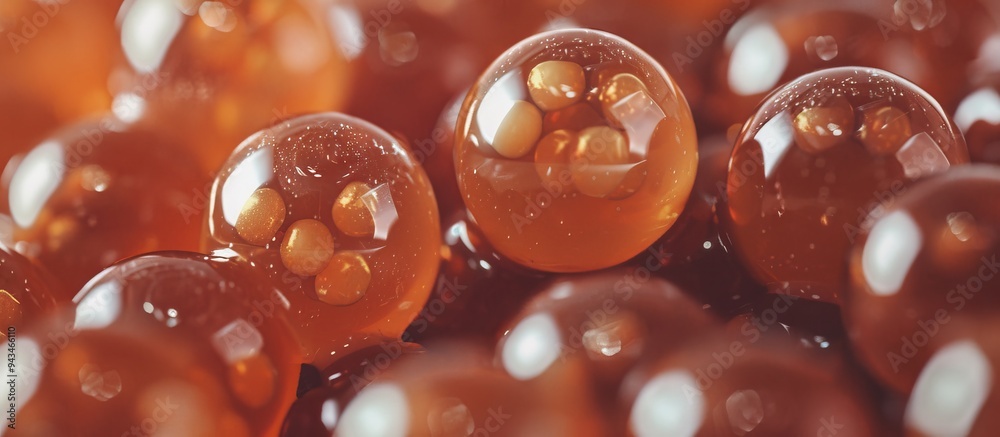 Poster a close up image displays caramel balls used in bubble tea preparation with ample copy space