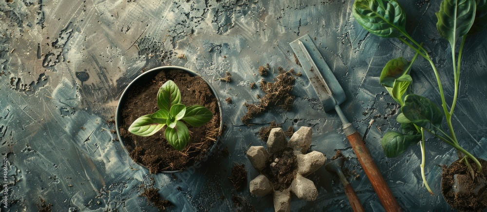 Poster top view of a plant placed on a peat pot and gardening tools set against a grey background with copy