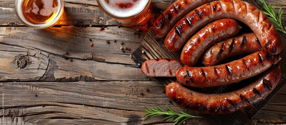 Poster top down view of grilled sausages and a glass of beer on a wooden table with a clear area for additi