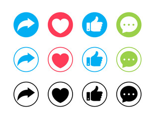 Like, love, comment, and share icon vector in circle line and fill. Social media vector icons. Like love comment share icon button. Flat design. Vector illustration.