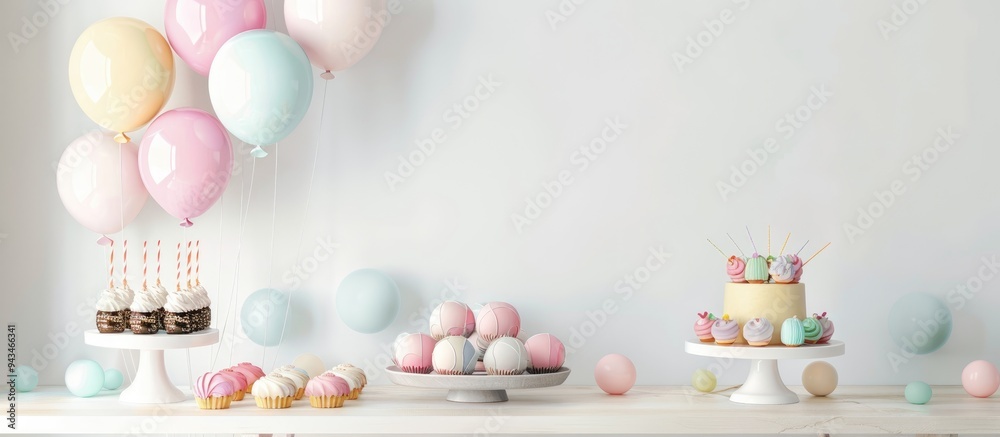 Poster Birthday party setup including various sweets and balloons on a table with a white wall background with room for text or design in the copy space image