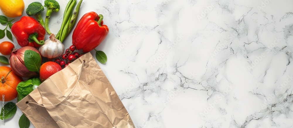 Poster Fresh fruits and vegetables in a paper bag showcased on a white marble backdrop in a flat lay style perfect for adding text to the copy space image