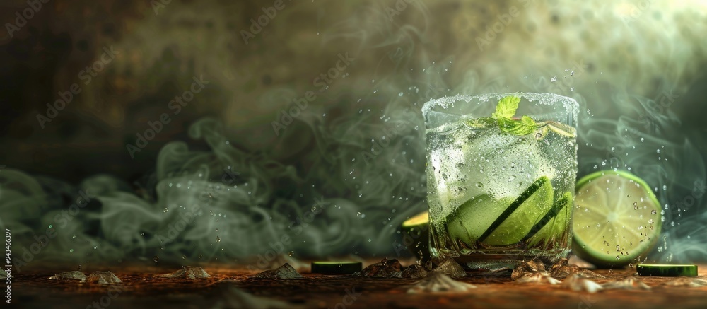 Poster A gin and tonic served in a misted glass on a weathered background garnished with lime cucumber and juniper providing a copy space image