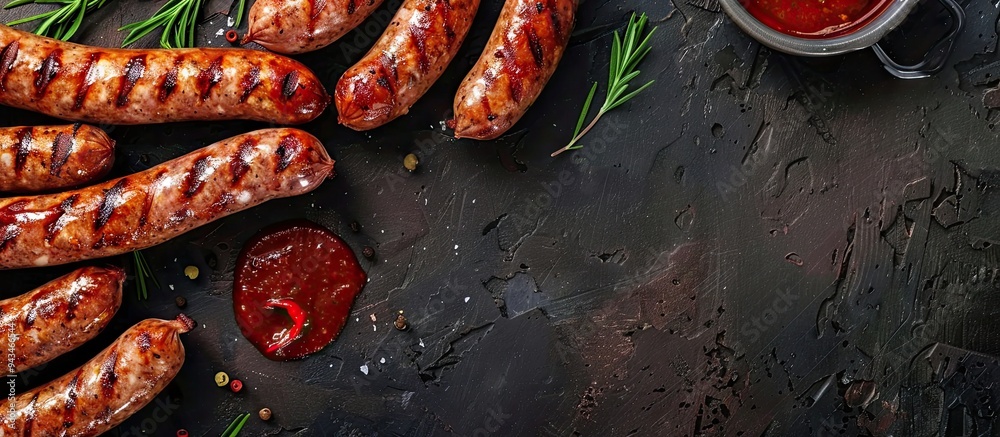 Poster Grilled sausages with a dark background in a long banner format viewed from above with copy space image