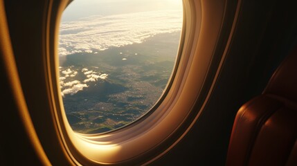 Fototapeta premium Gazing through an airplane window evokes the magic of travel, revealing the world's grandeur and inviting us on an exhilarating journey of discovery.
