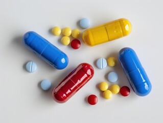 An arrangement features yellow and red capsules along with blue tablets scattered on a light background, showcasing different shapes and colors