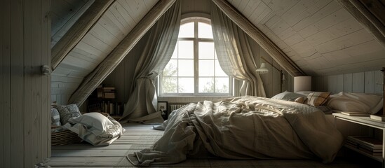 Obraz premium Enhance your projects with a captivating attic bedroom photograph featuring soft hues inviting bedding and distinctive architectural elements forming a tranquil ambiance ideal for creatives