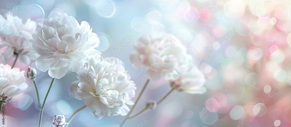 Poster Soft white pastel flowers with a romantic essence set against a blurred nature backdrop creating a serene copy space image