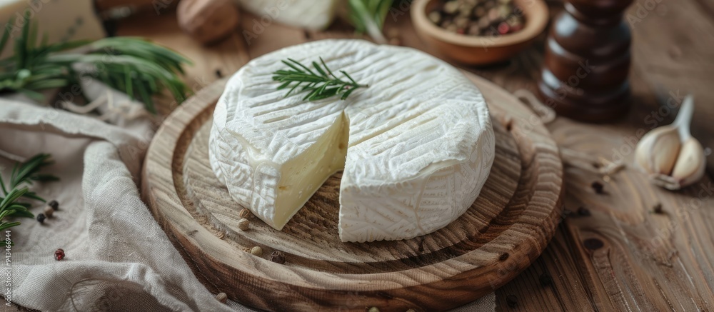 Poster Copy space image of a rustic top view arrangement with a variety of soft cow goat or sheep cheese ideal for a natural fresh appetizer or snack meal