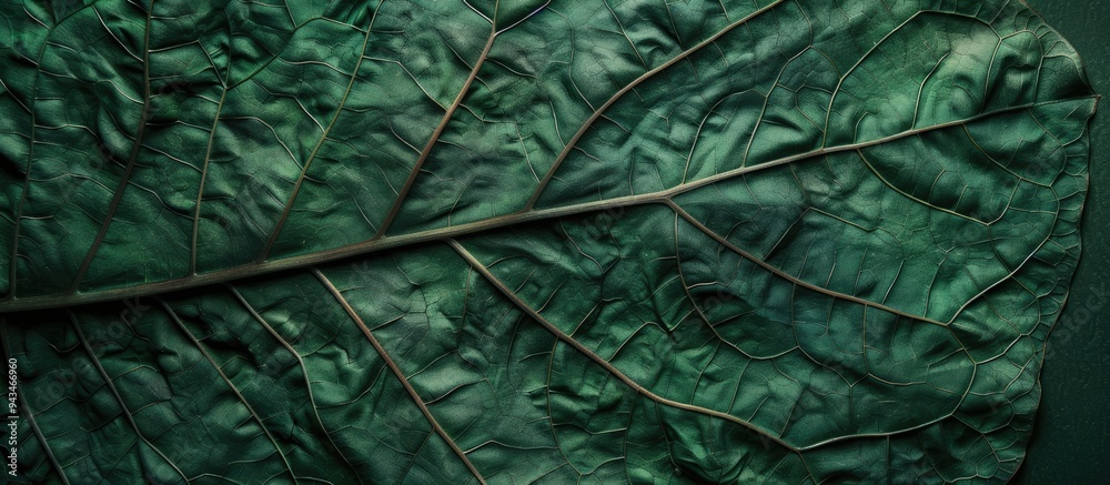 Poster detailed close up of a dark green tropical leaf showcasing its intricate veins creating a stylized n