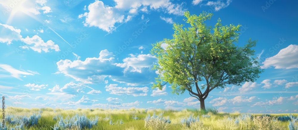 Poster sunny day with a tree against a backdrop of blue sky and fluffy white clouds suitable as a copy spac