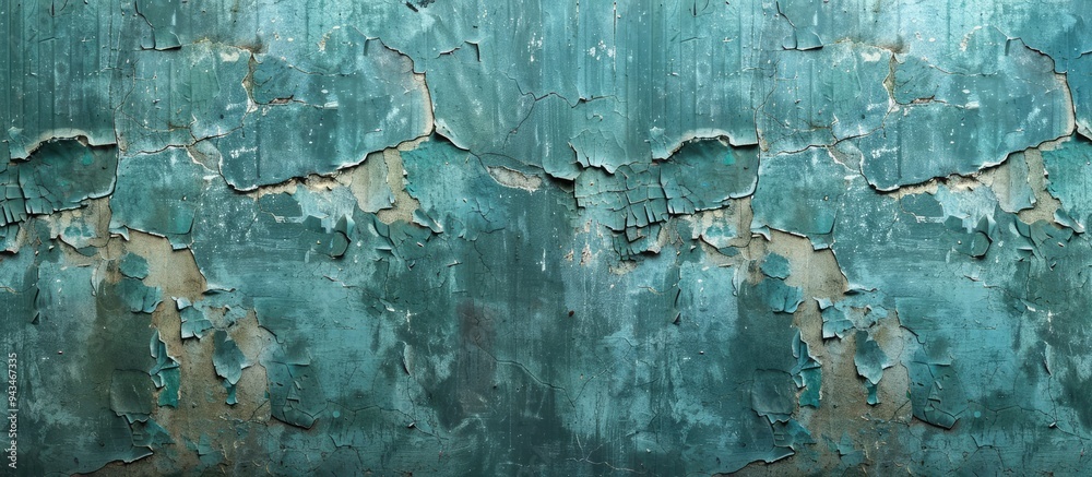 Poster The distressed teal wall paint had a textured mosaic of cracked surfaces blending faded teal with exposed plaster giving it a rustic charm perfect for a copy space image