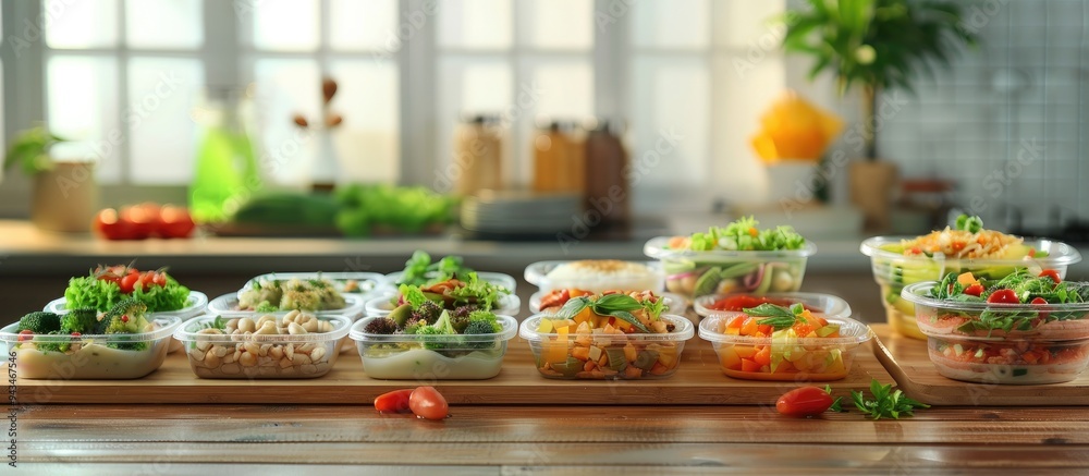 Poster Wooden table set with a variety of food in containers for a nutritious meal ideal for promotion with copy space image