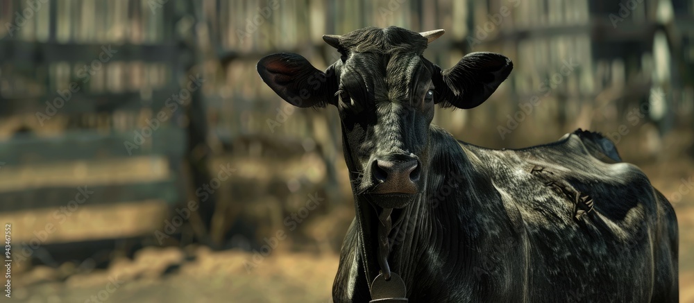 Poster a black cow in an enclosure with a bell around its neck with available copy space image
