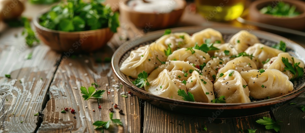 Poster preparing traditional ural dumplings filled with minced pork and served on a plate with a tantalizin