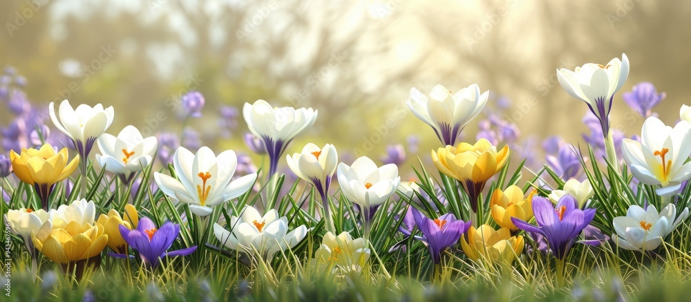 Aufkleber Crocuses blooming in the garden a banner featuring yellow white violet and purple spring flowers with space for text creating a versatile image for cards posters or backgrounds. Creative banner