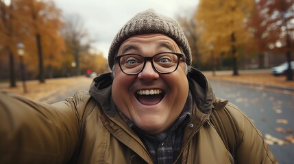 an ordinary funny slightly plump man making selfie outdoors.