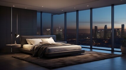 dark and foreboding penthouse bedroom at night A room with generative AI, a bed overlooking the city