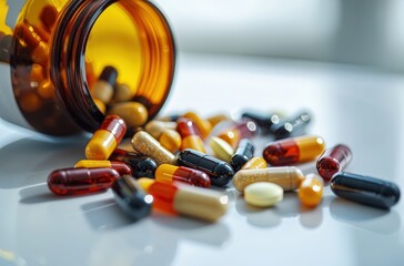 Colorful pills spill out of bottle
