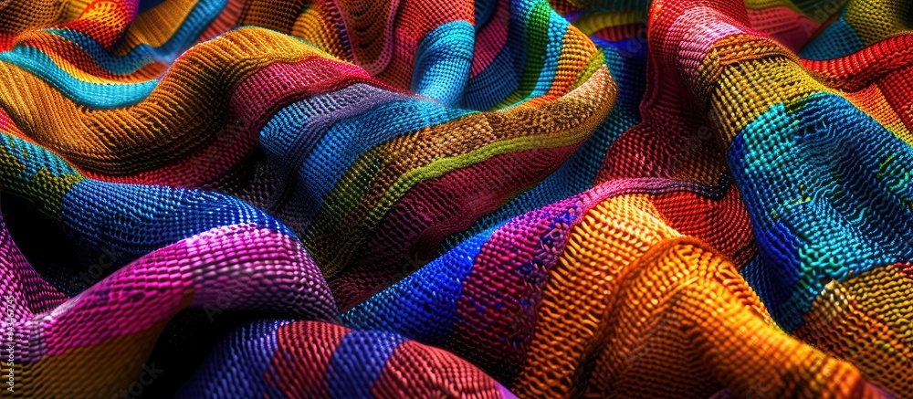 Poster Close up of a large knitted fabric showcasing a colorful abstract pattern ideal for a copy space image