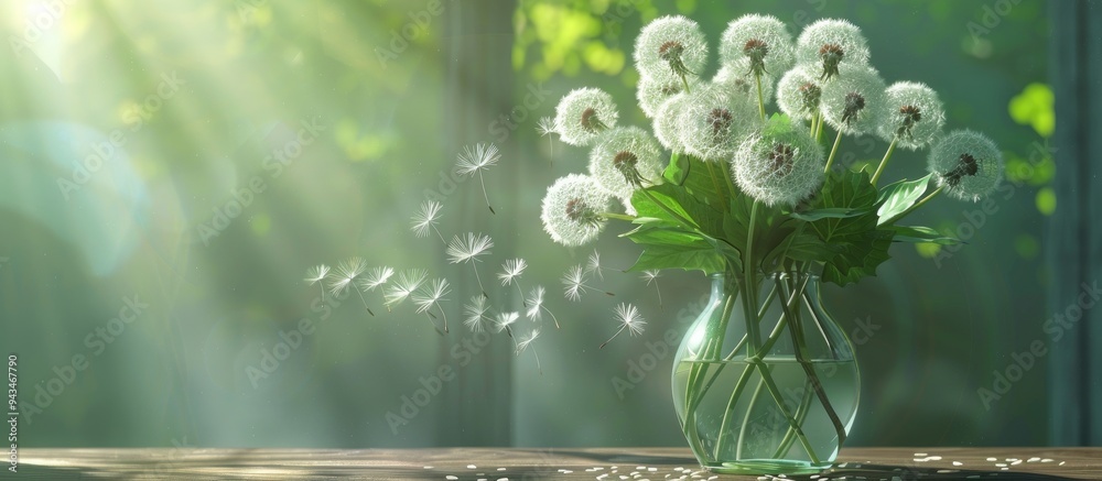 Poster dandelion bouquet in a vase with sunlit green backdrop and scattered seeds ideal for copy space imag