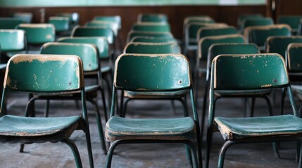 Fototapeta premium Rows of Green Chairs in a Classroom