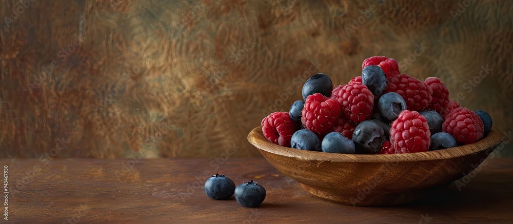 Poster a variety of vibrant berries including raspberries and blueberries arranged in a wooden saucer place