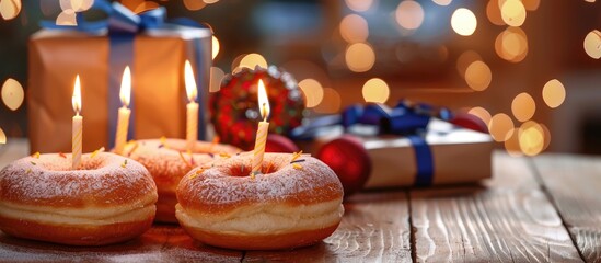 Obraz premium Hanukkah celebration setting a menorah with lit candles donuts gifts all atop a light wooden table suitable as a copy space image