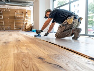 Worker Installing Hardwood Flooring in Bright Room