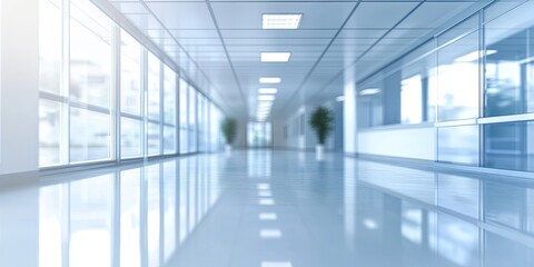 Fototapeta premium Bright, airy corridor with glass windows and tiled ceiling, reflecting light on the shiny floor.