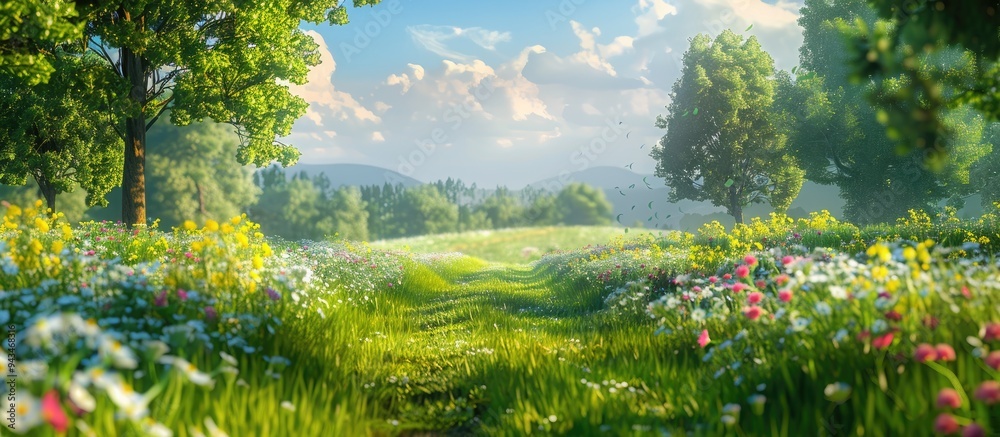 Poster lush green fields of a flower filled farm provide a serene background in the copy space image