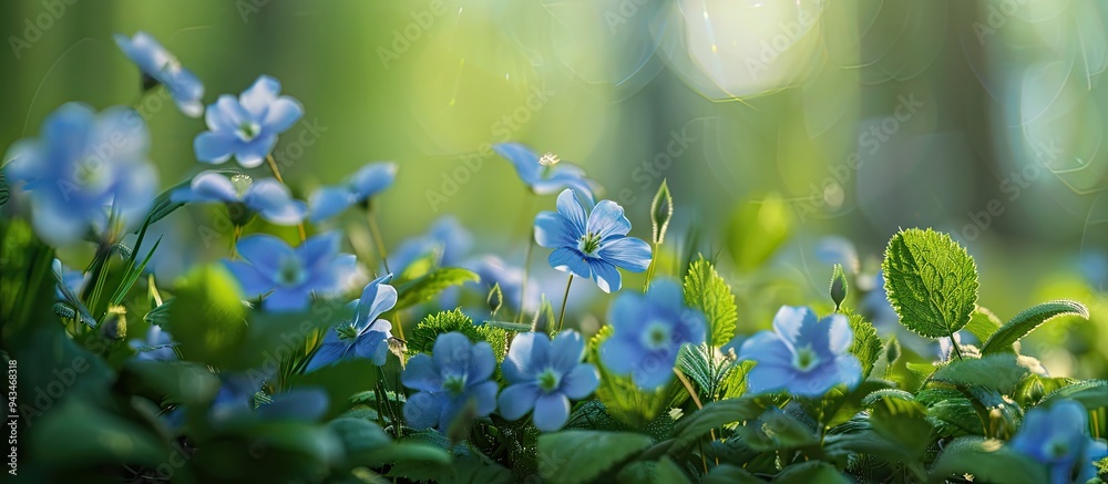 Aufkleber close up shot of delicate blue primroses in a spring forest with copy space image