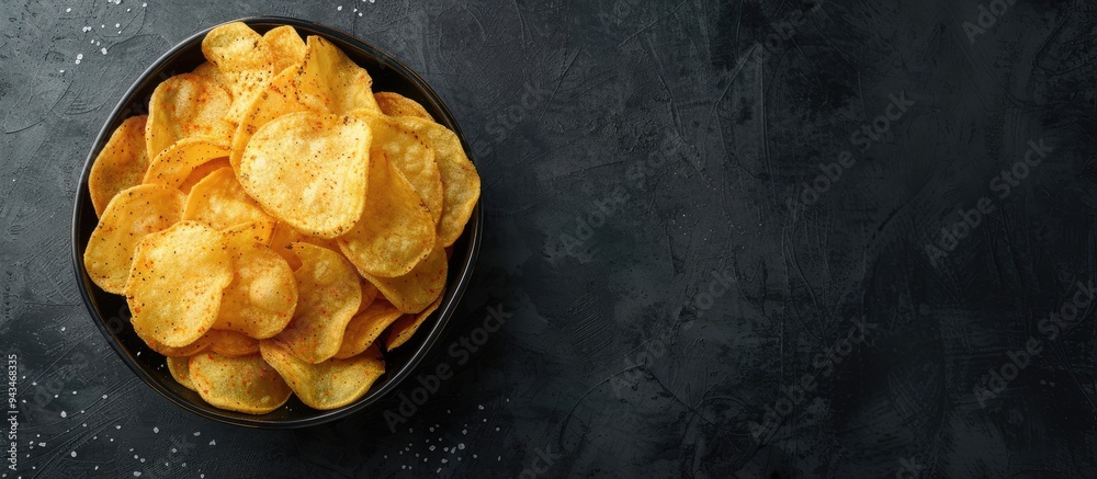 Poster potato and paprika chips in a bowl served with mustard and salt on a dark textured background ideal 