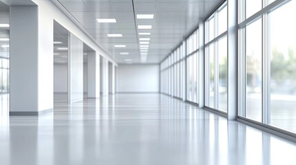 Fototapeta premium A wide shot of an empty office hallway with large windows and white walls.
