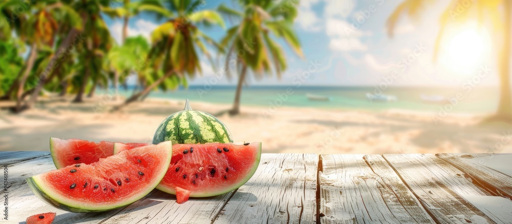 Aufkleber a wooden table displays watermelon slices with a blurred beach and palm tree background providing am
