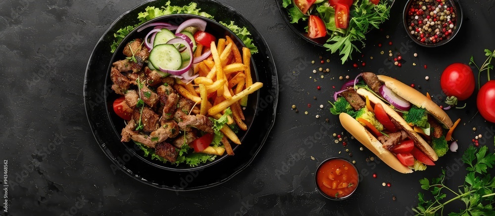 Poster Top down view of doner kebab or gyros served on a plate with fries veggies and salad on a black backdrop with ample copy space image