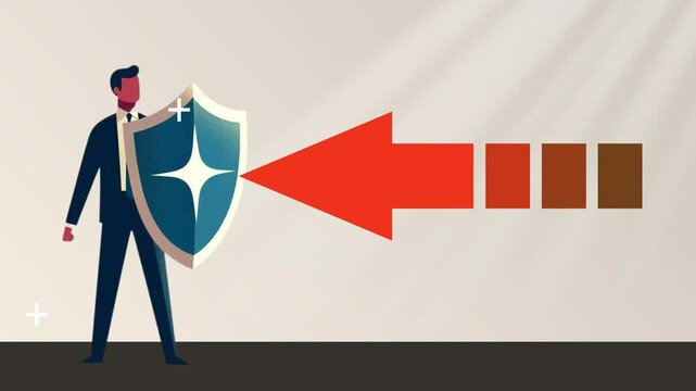 Animations of a Businessman standing on a data graphic while holding a shield, as a symbol of company data security