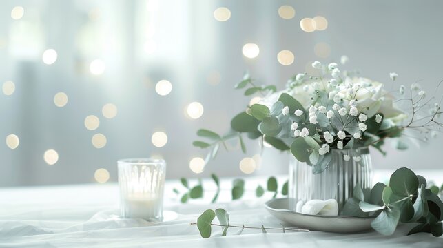 A stylish centerpiece featuring white flowers and silver accents, set against a soft background, enhancing any festive table setting