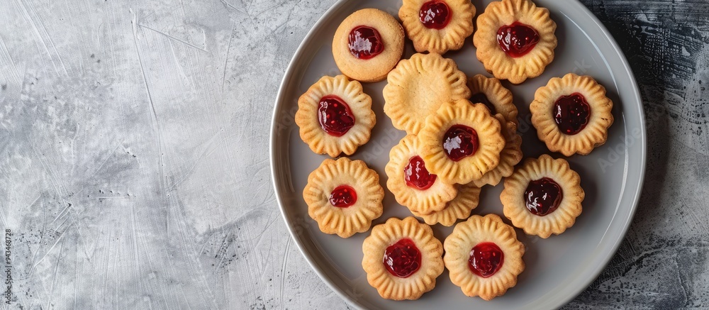 Poster Plate with Kurabye shortbread cookies filled with berry jam on a gray concrete backdrop with ample copy space image Delightful dessert presentation