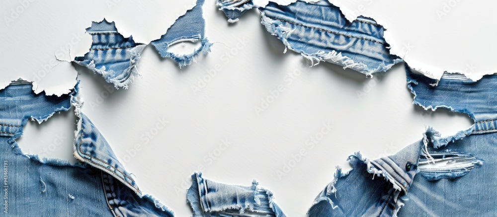 Aufkleber ripped jeans displayed on a white background with a hole in the denim fabric ideal for a copy space 