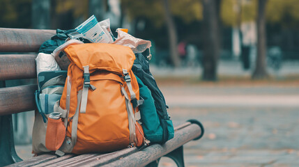 The Weight of Life: Personal Belongings Spilling from Overflowing Backpack on Park Bench