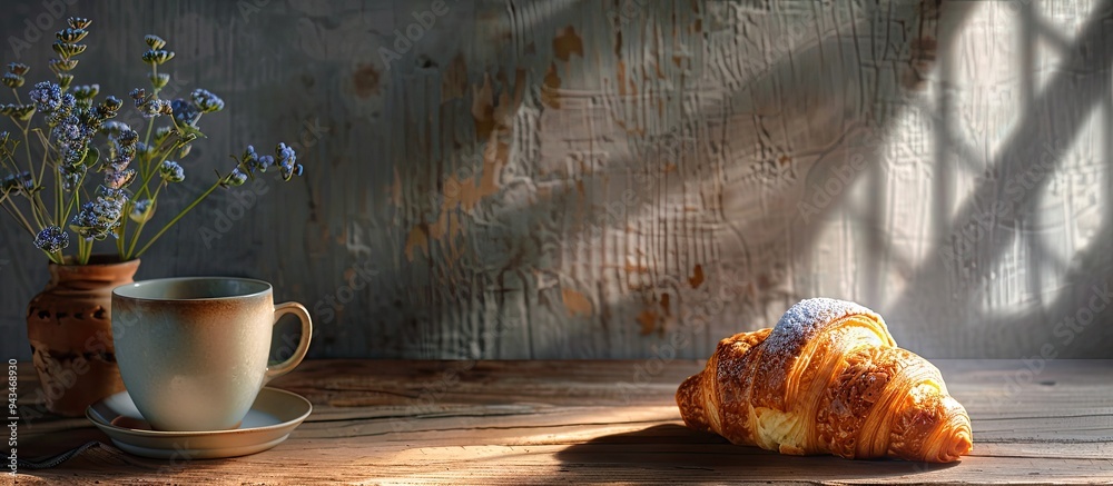 Poster french bakery meal with a fresh croissant on the table set against a rustic background with copy spa