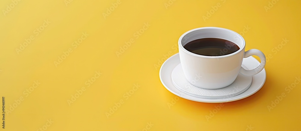 Aufkleber mockup with a white coaster and coffee cup on a yellow background with copy space image