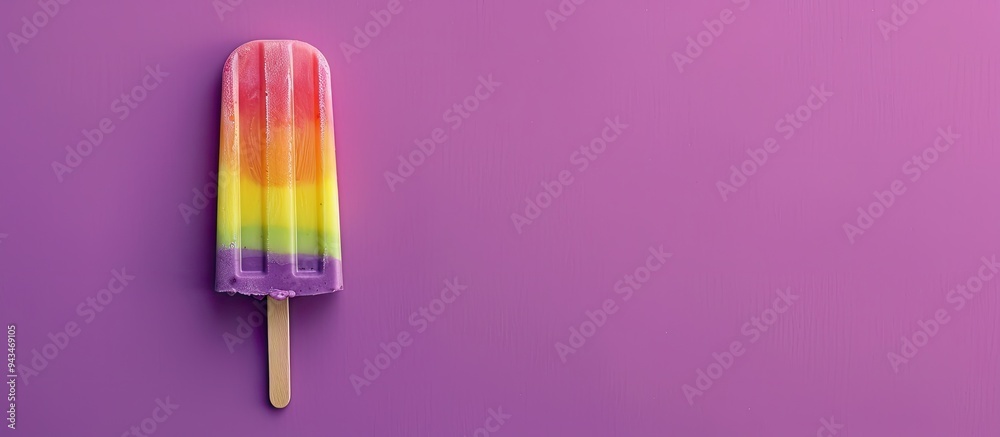 Poster Minimal summer concept featuring Ice cream stick and Rainbow Popsicle on a purple background designed with space for text with copy space image