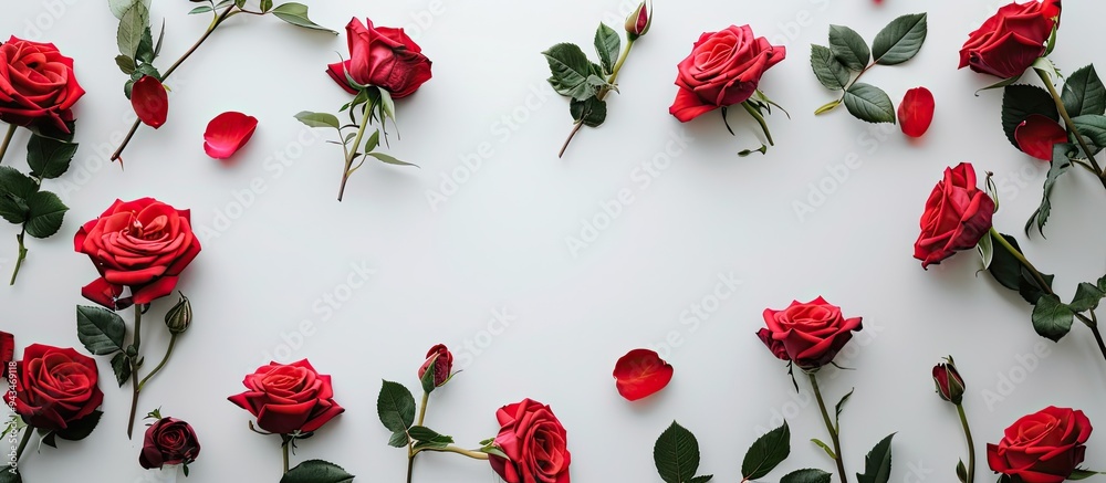 Poster Top down view of vibrant red roses displayed against a white backdrop in a flat lay composition with plenty of copy space image