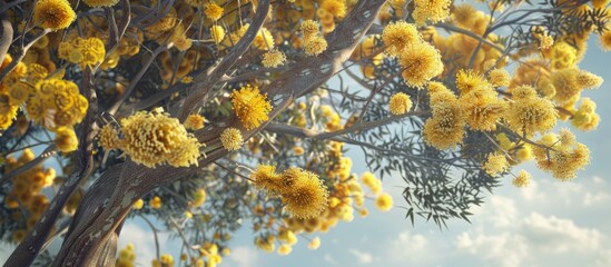 A blooming golden wattle tree with copy space image