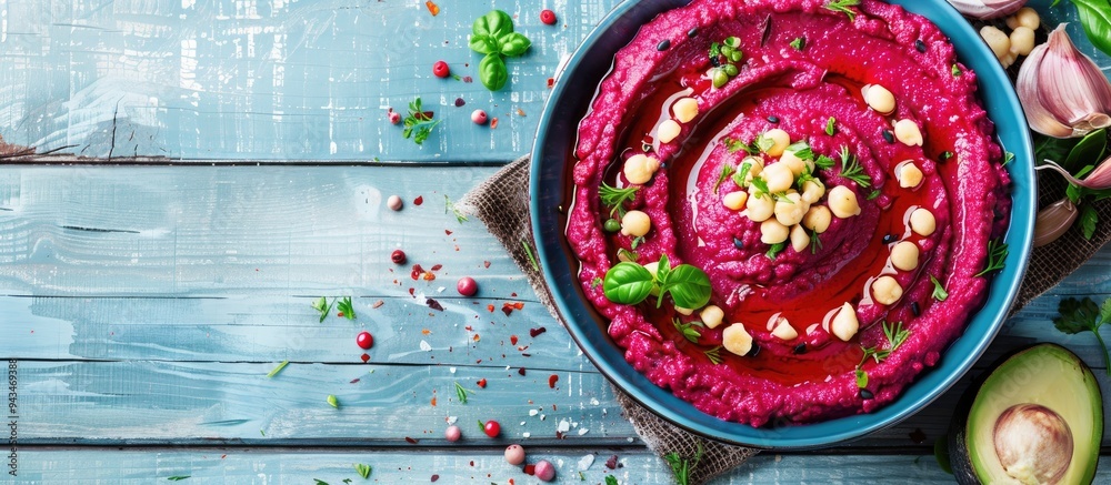 Poster flat lay of delicious beet hummus in a bowl with fresh ingredients set on a light blue wooden table 