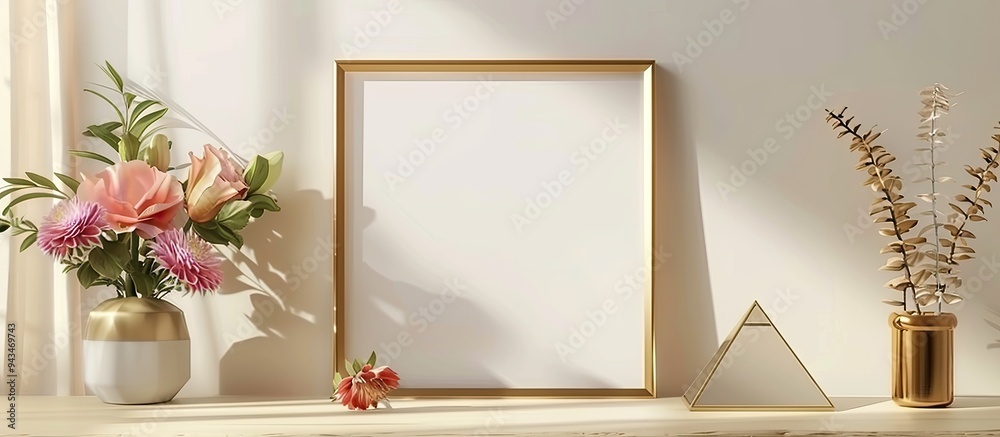 Poster A golden picture frame adorned with flowers and a pyramid displayed on a table accompanied by a generous area for text in the photo. Creative banner. Copyspace image
