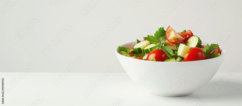 Fototapete fresh vegetable salad with tomato and cucumber in a bowl on white backdrop with copy space image