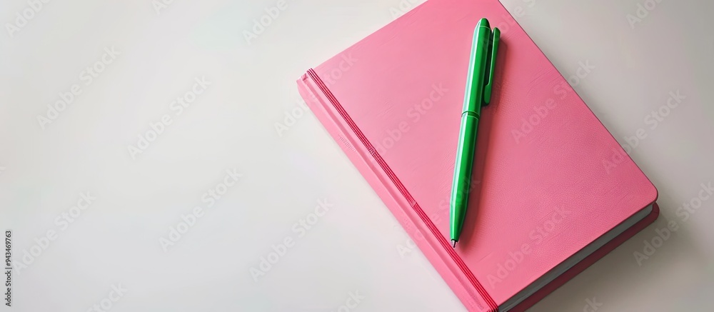 Aufkleber minimalist top down view of a delicate pink notebook with a vibrant green pen resting on a blank whi